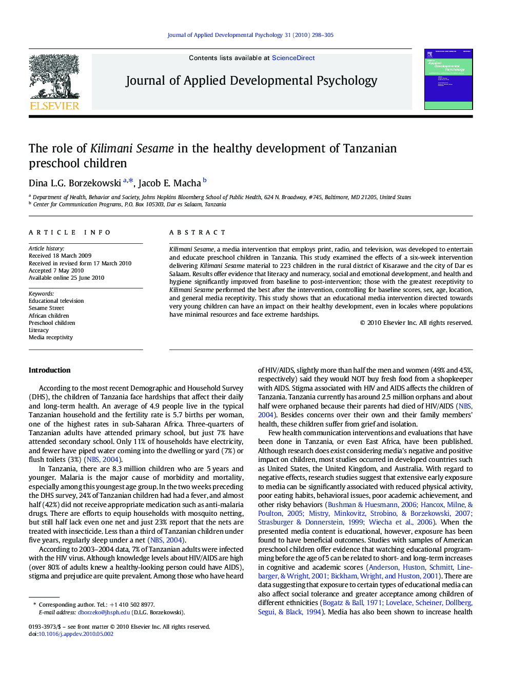 The role of Kilimani Sesame in the healthy development of Tanzanian preschool children