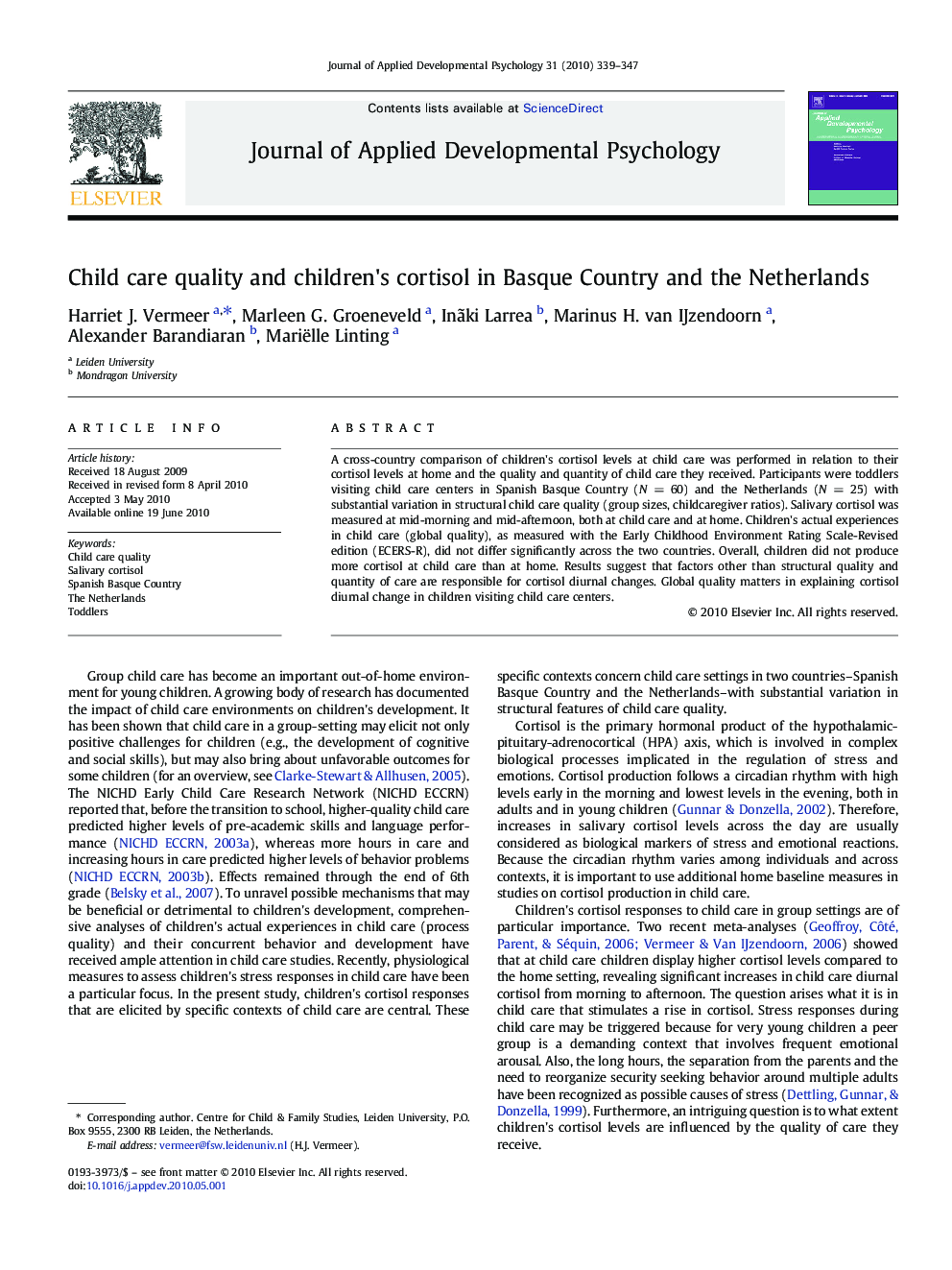 Child care quality and children's cortisol in Basque Country and the Netherlands