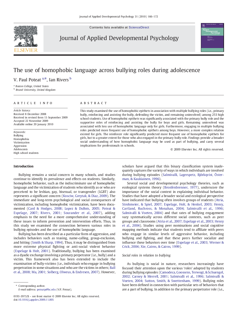 The use of homophobic language across bullying roles during adolescence