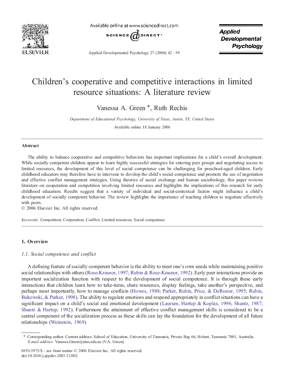 Children's cooperative and competitive interactions in limited resource situations: A literature review