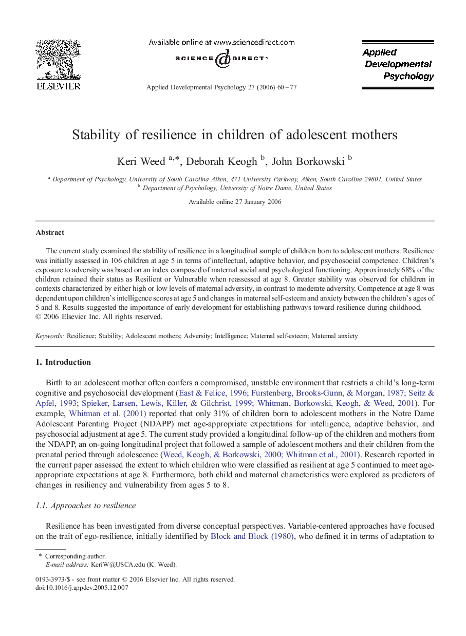 Stability of resilience in children of adolescent mothers