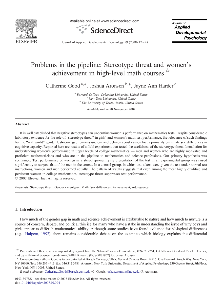 Problems in the pipeline: Stereotype threat and women's achievement in high-level math courses 