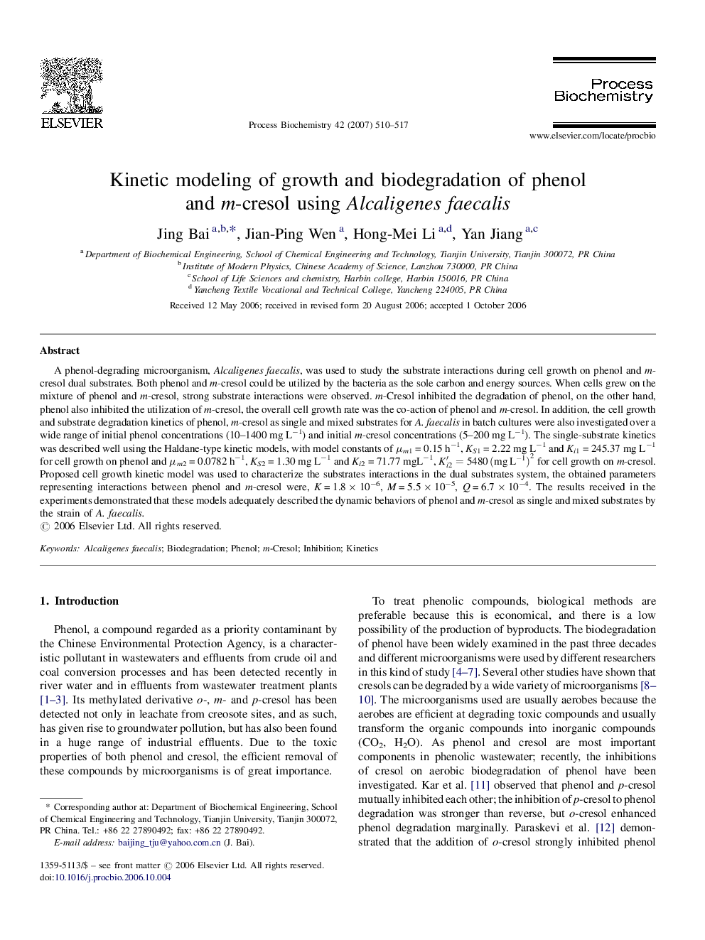 Kinetic modeling of growth and biodegradation of phenol and m-cresol using Alcaligenes faecalis