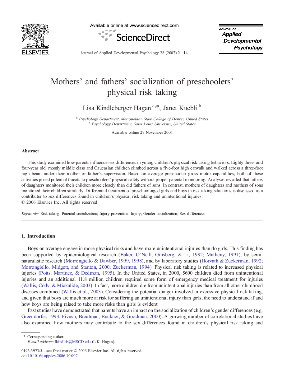 Mothers' and fathers' socialization of preschoolers' physical risk taking