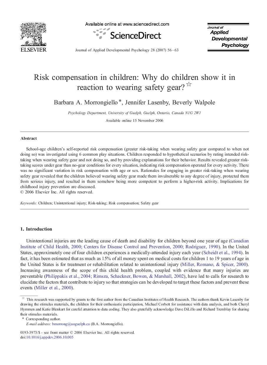 Risk compensation in children: Why do children show it in reaction to wearing safety gear? 