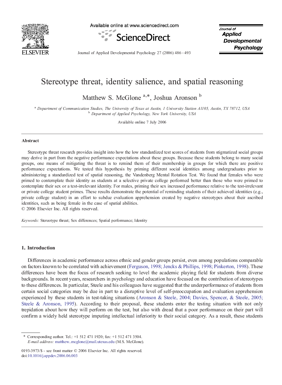 Stereotype threat, identity salience, and spatial reasoning