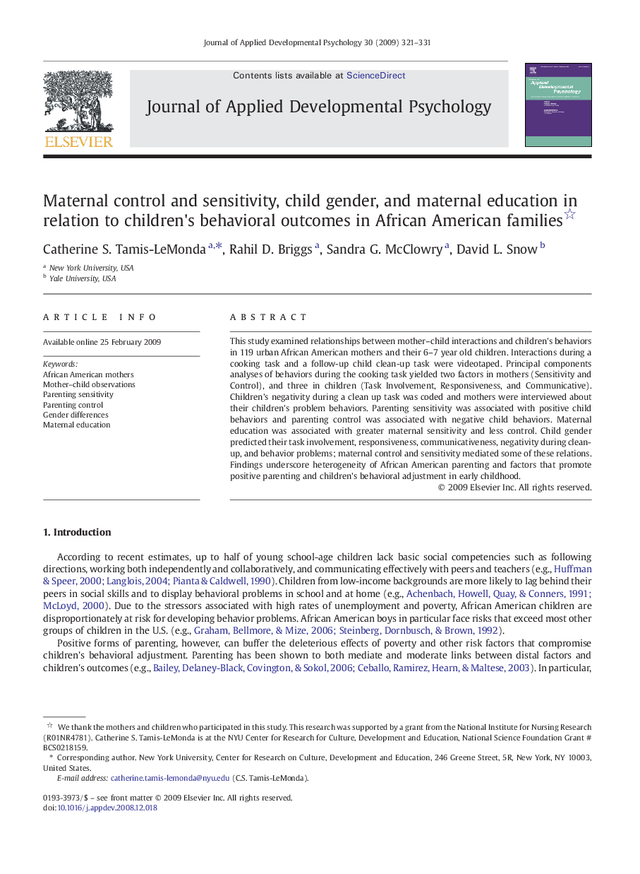 Maternal control and sensitivity, child gender, and maternal education in relation to children's behavioral outcomes in African American families 