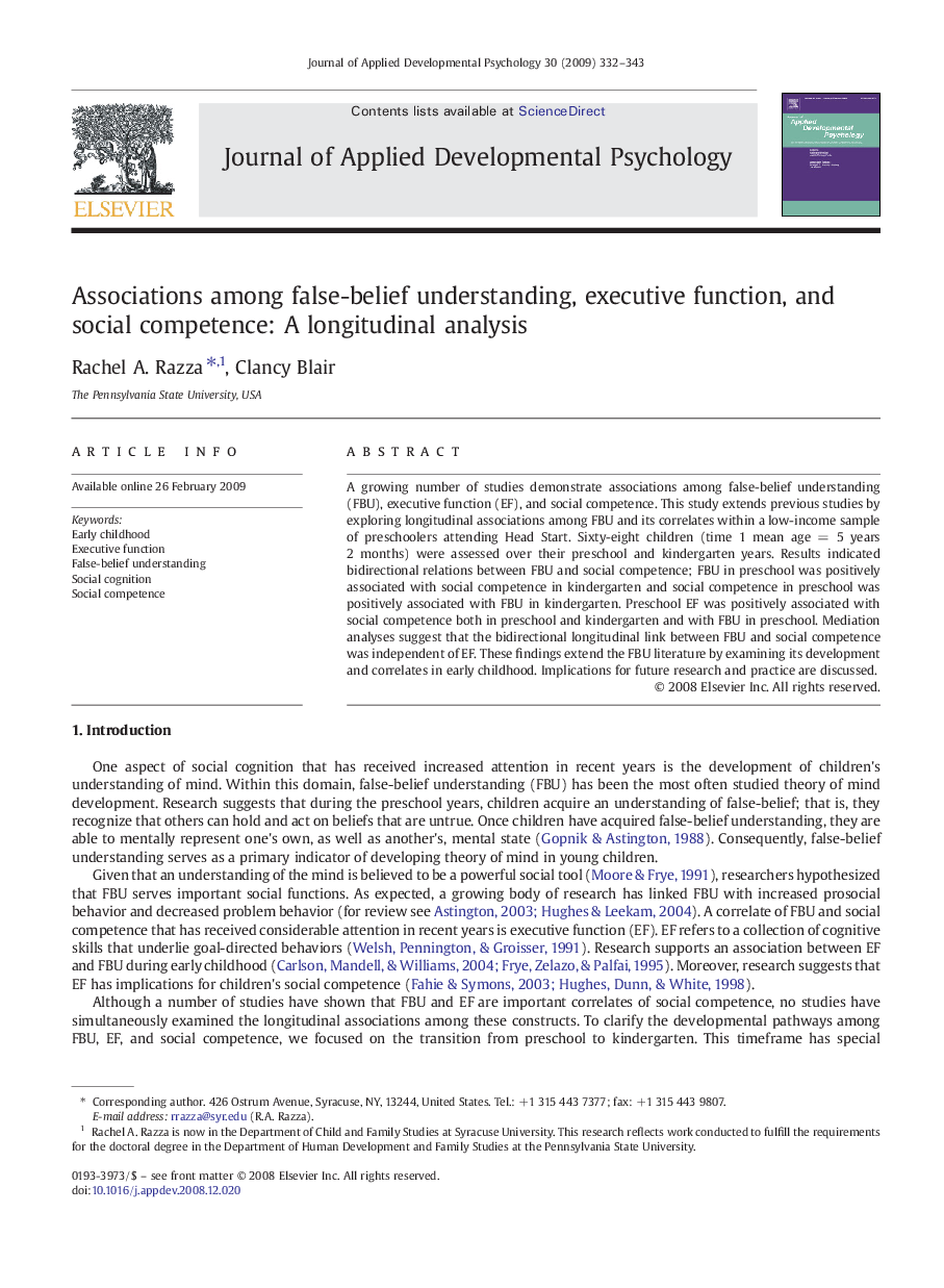 Associations among false-belief understanding, executive function, and social competence: A longitudinal analysis