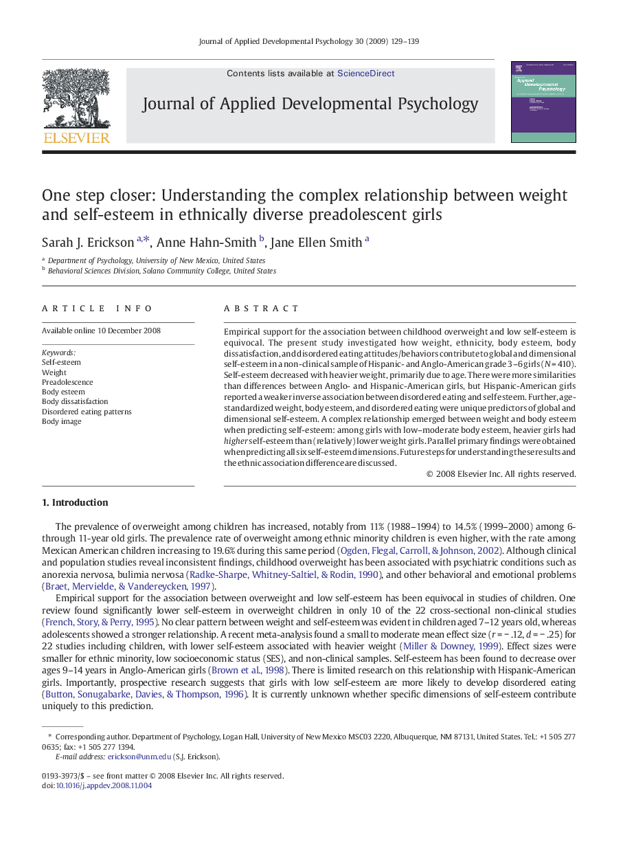 One step closer: Understanding the complex relationship between weight and self-esteem in ethnically diverse preadolescent girls