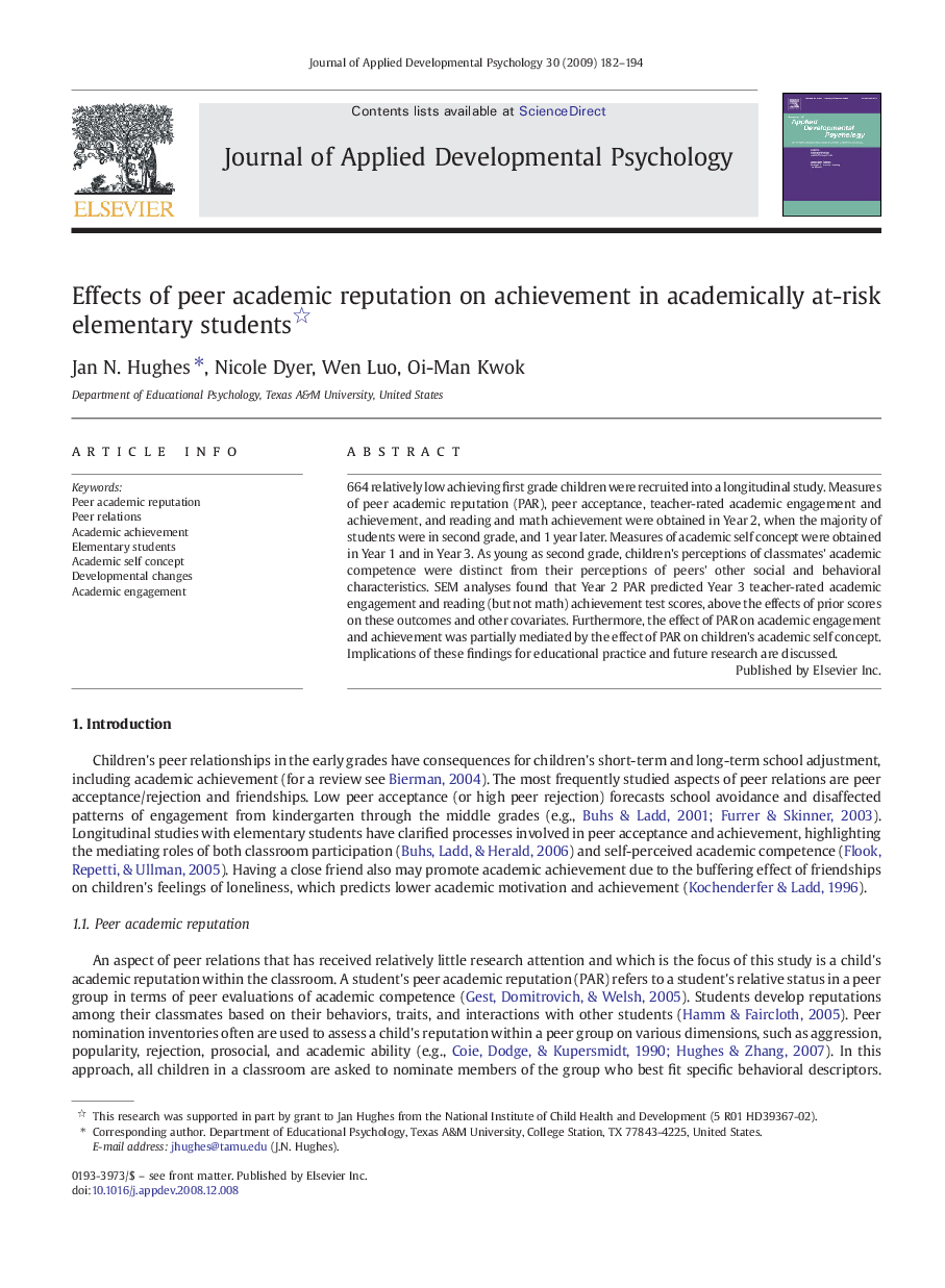 Effects of peer academic reputation on achievement in academically at-risk elementary students 