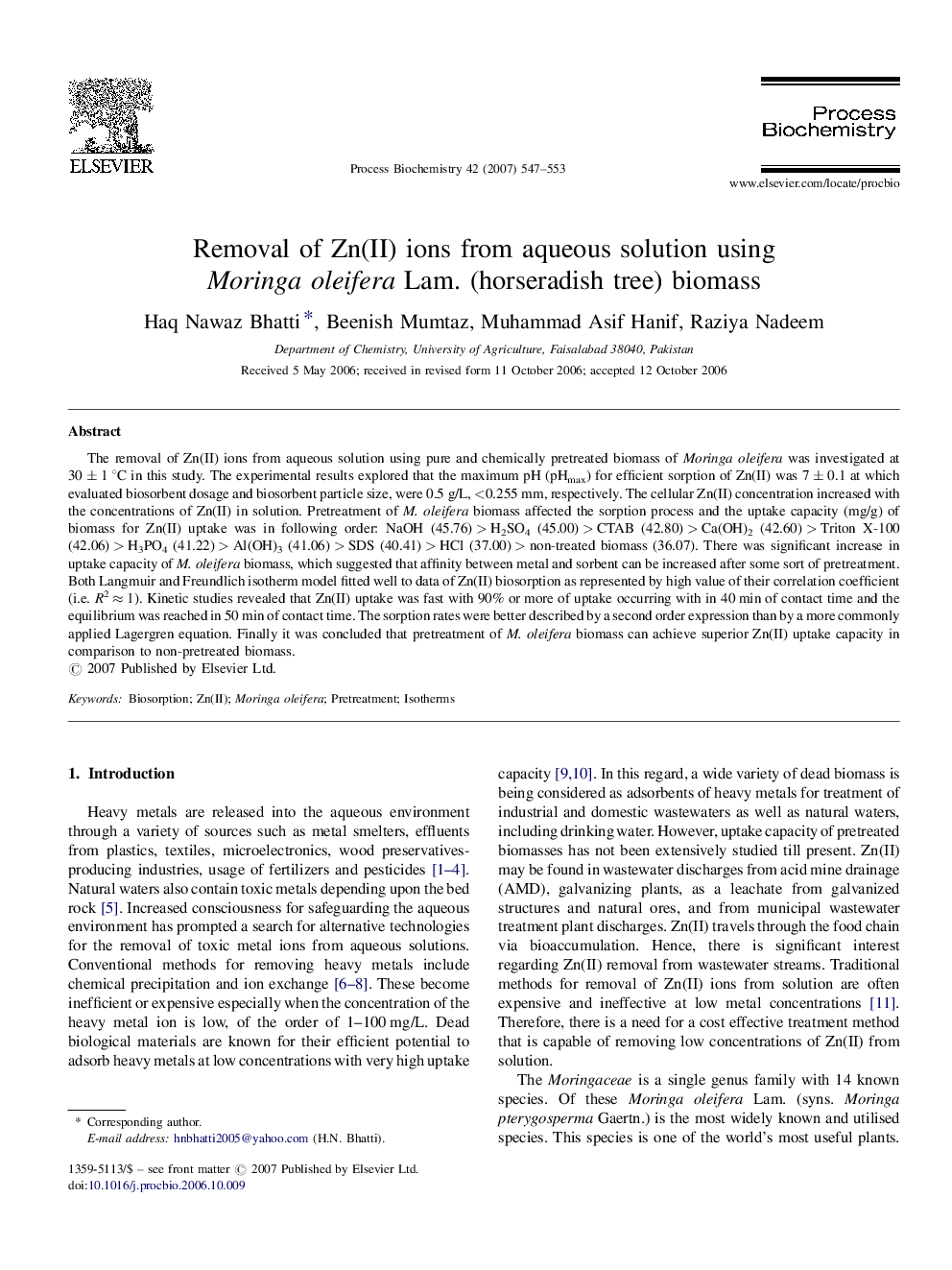 Removal of Zn(II) ions from aqueous solution using Moringa oleifera Lam. (horseradish tree) biomass