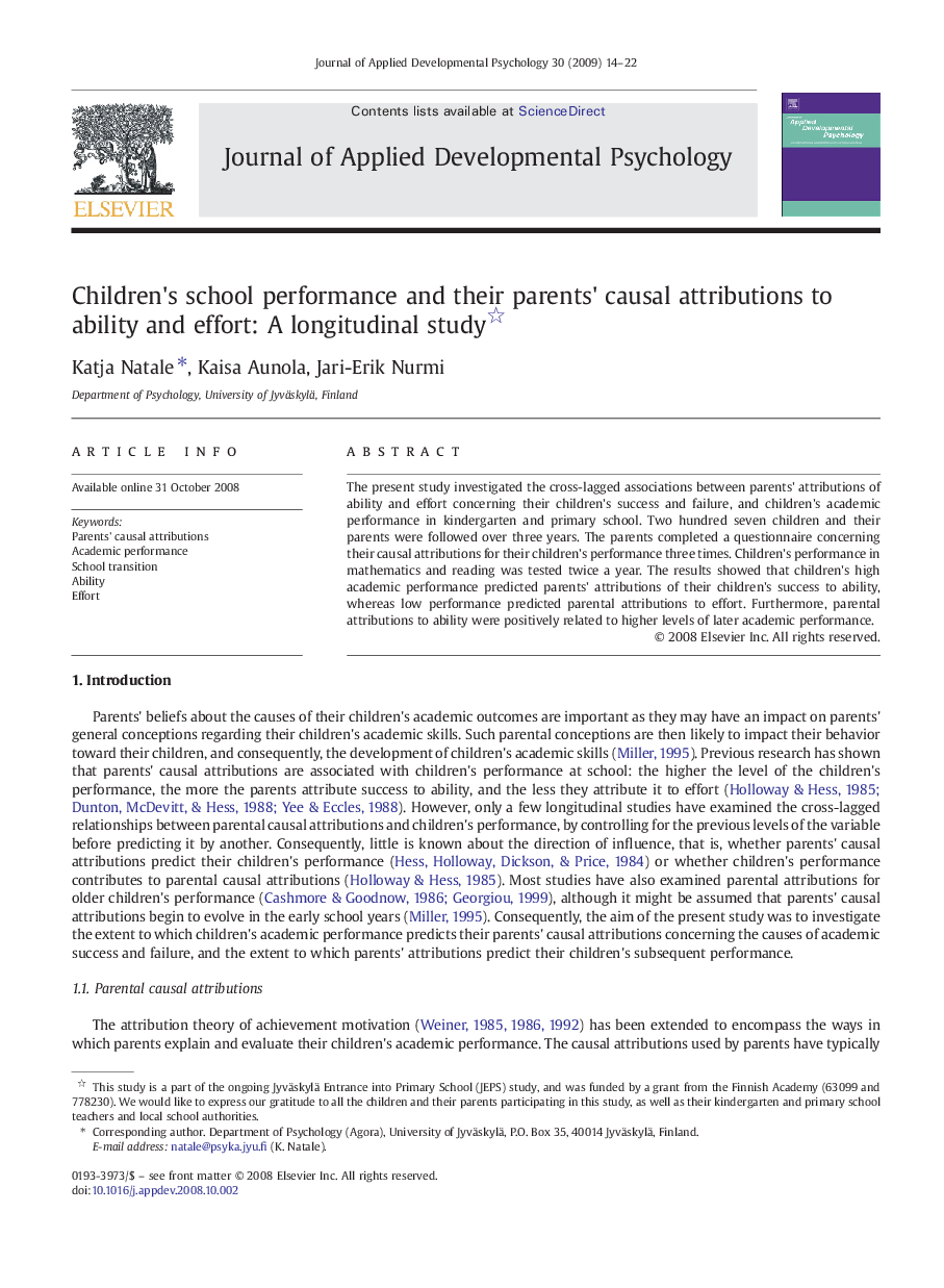 Children's school performance and their parents' causal attributions to ability and effort: A longitudinal study 