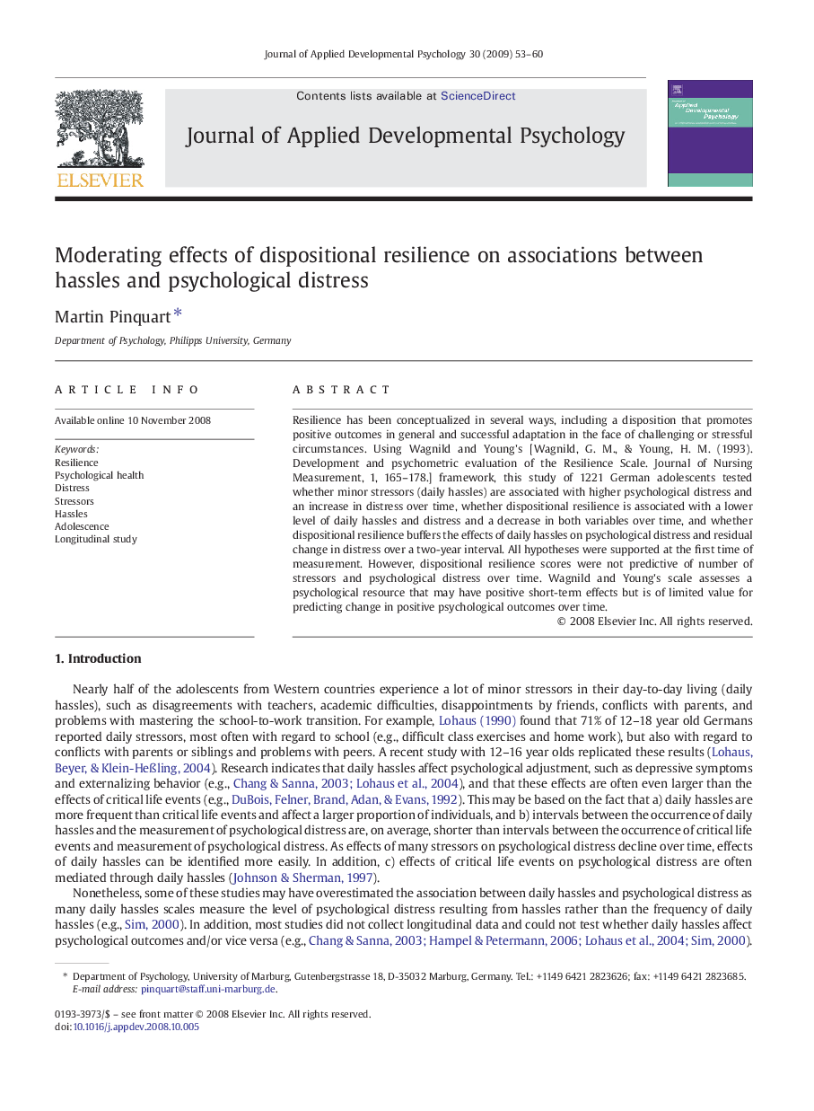 Moderating effects of dispositional resilience on associations between hassles and psychological distress