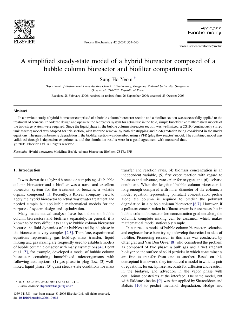 A simplified steady-state model of a hybrid bioreactor composed of a bubble column bioreactor and biofilter compartments