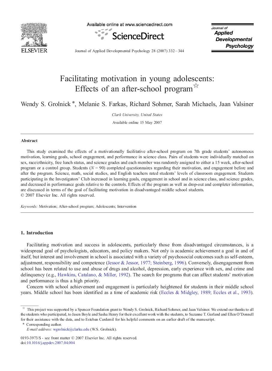 Facilitating motivation in young adolescents: Effects of an after-school program 