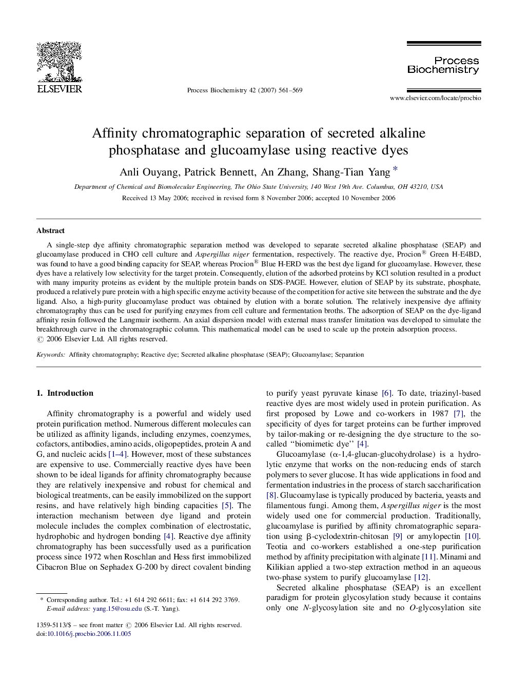 Affinity chromatographic separation of secreted alkaline phosphatase and glucoamylase using reactive dyes