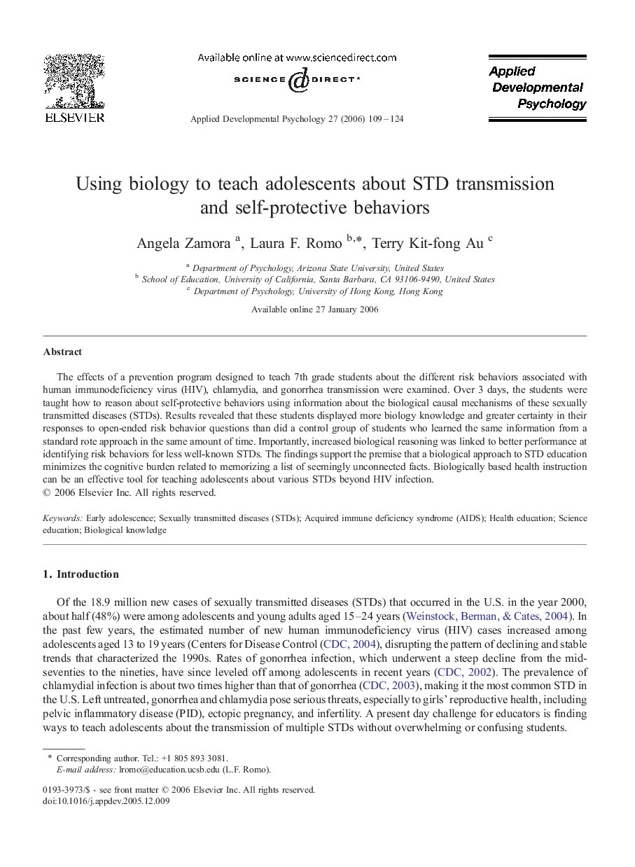 Using biology to teach adolescents about STD transmission and self-protective behaviors