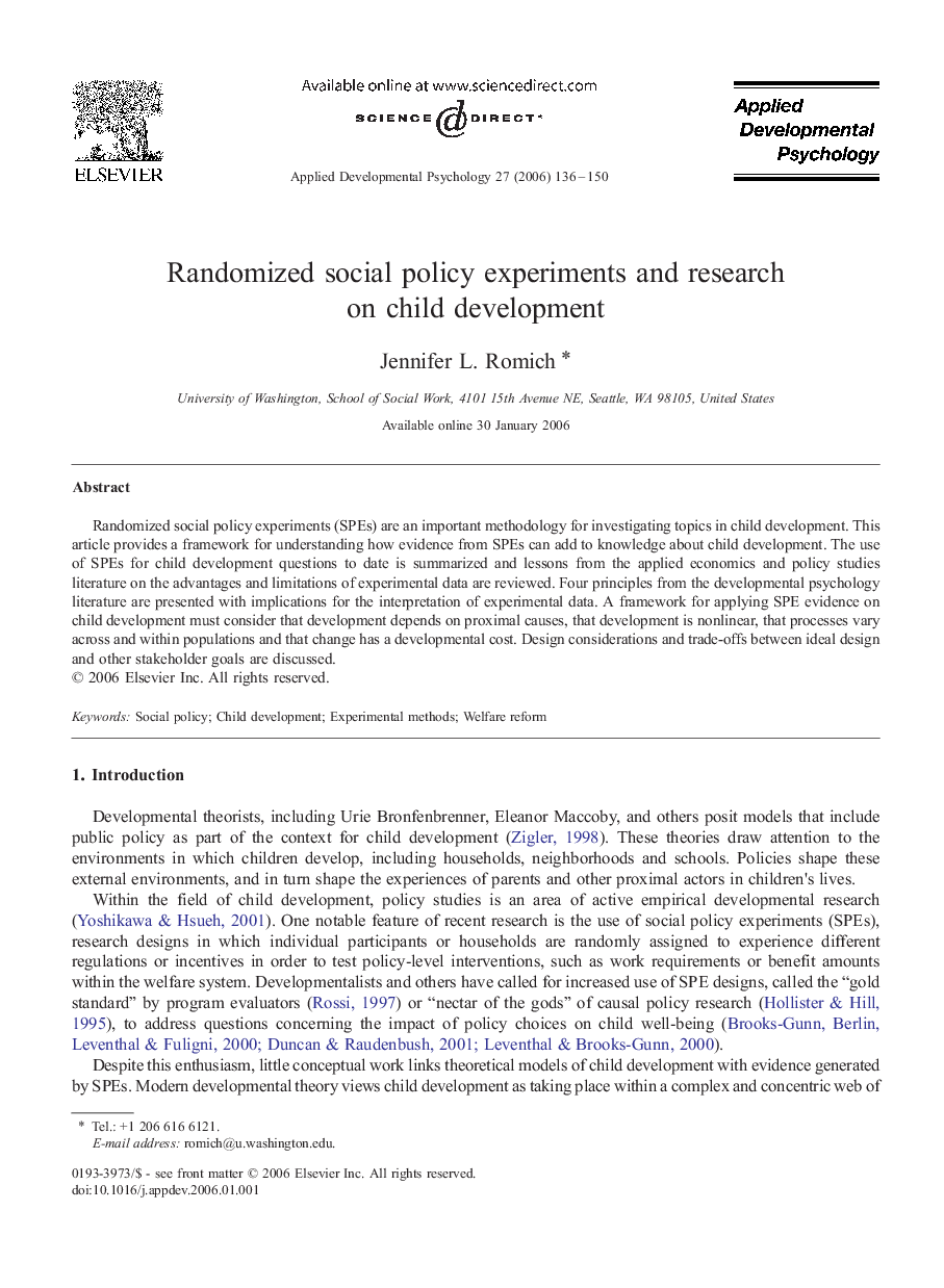 Randomized social policy experiments and research on child development