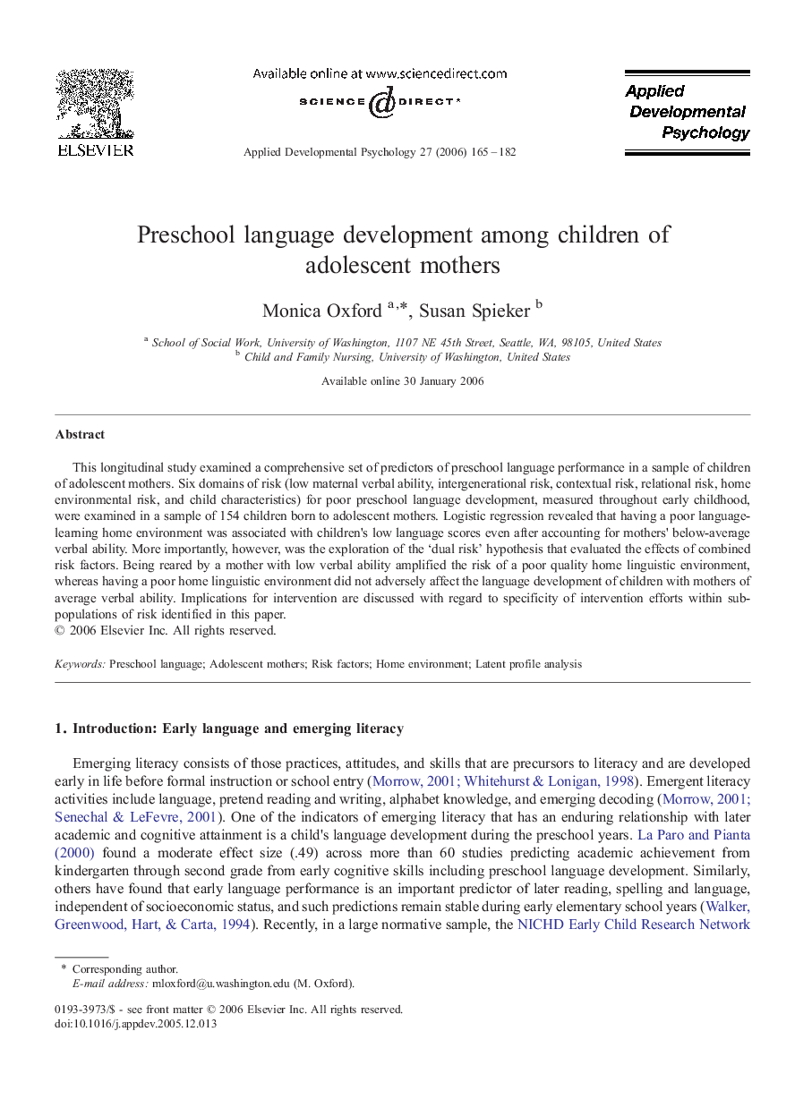 Preschool language development among children of adolescent mothers