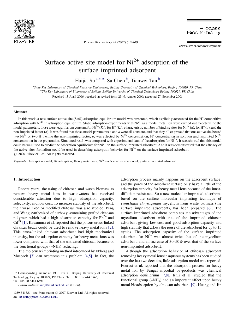 Surface active site model for Ni2+ adsorption of the surface imprinted adsorbent