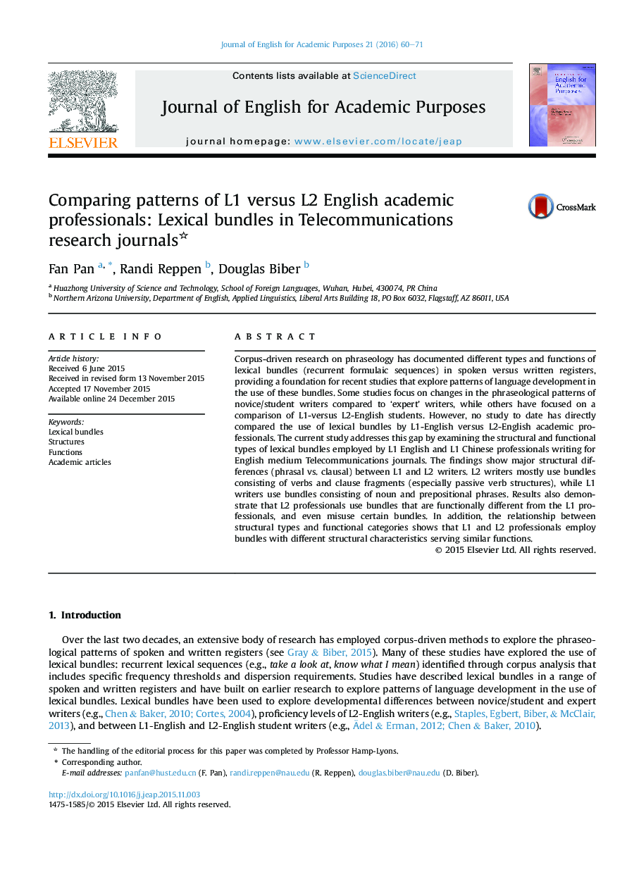 Comparing patterns of L1 versus L2 English academic professionals: Lexical bundles in Telecommunications research journals 