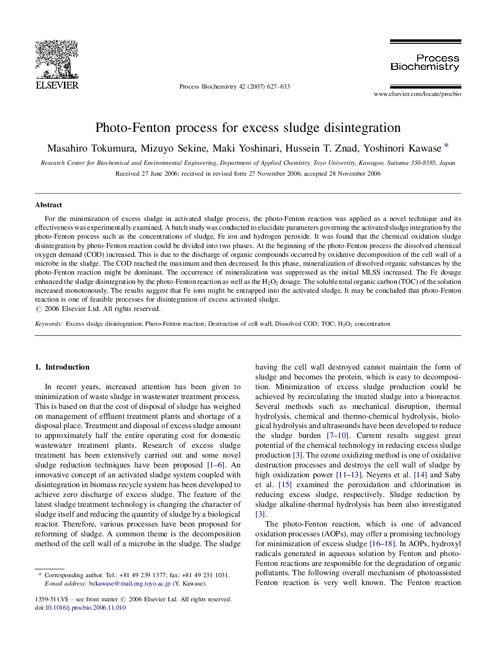 Photo-Fenton process for excess sludge disintegration