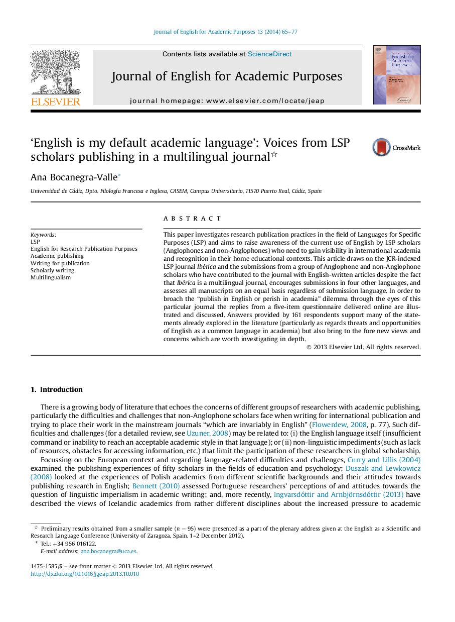 ‘English is my default academic language’: Voices from LSP scholars publishing in a multilingual journal 