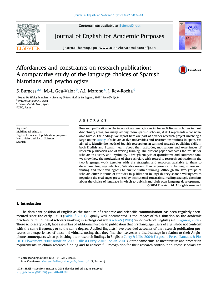 Affordances and constraints on research publication: A comparative study of the language choices of Spanish historians and psychologists