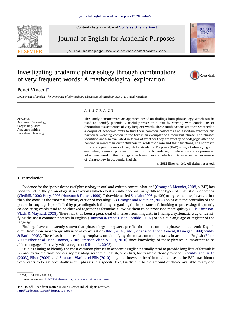 Investigating academic phraseology through combinations of very frequent words: A methodological exploration