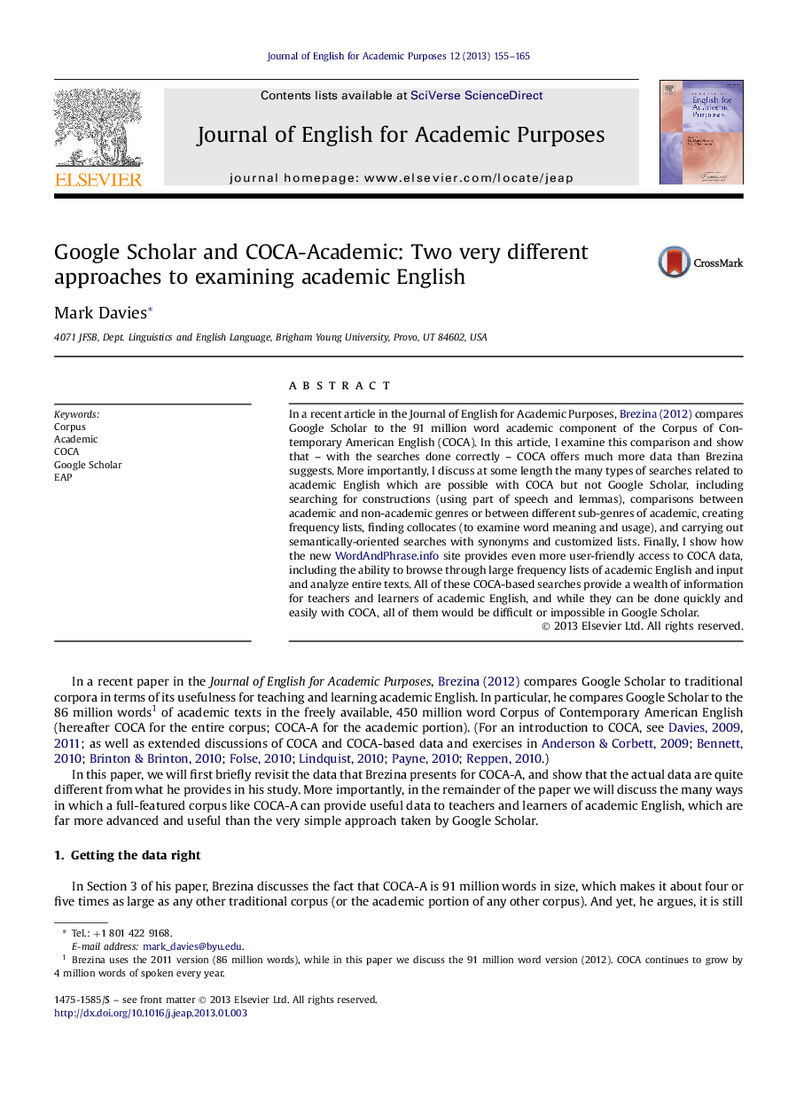 Google Scholar and COCA-Academic: Two very different approaches to examining academic English