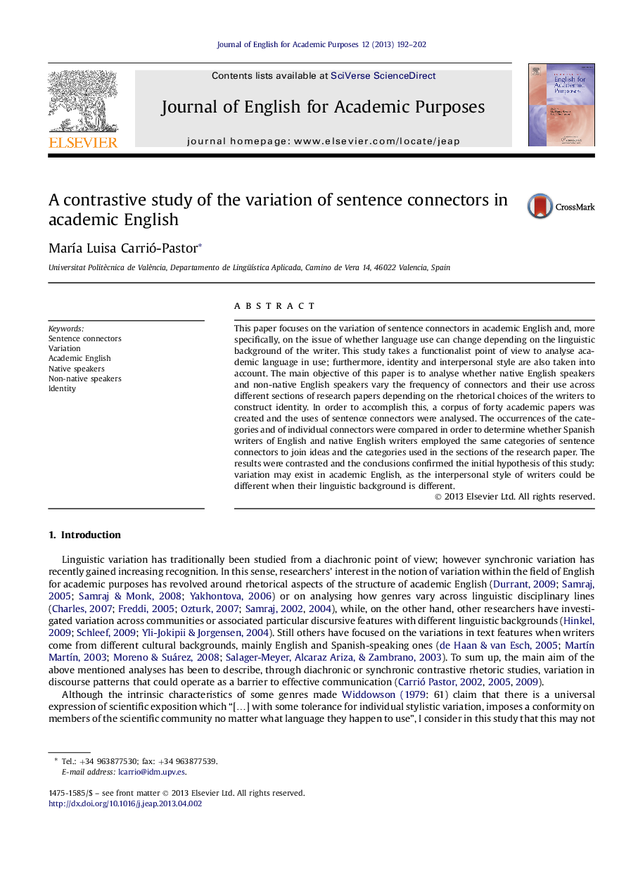 A contrastive study of the variation of sentence connectors in academic English