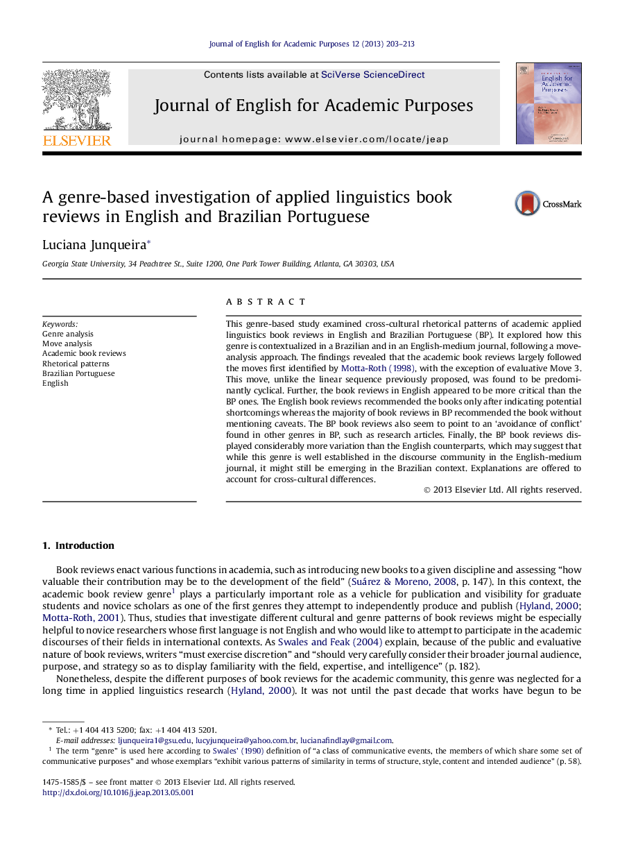 A genre-based investigation of applied linguistics book reviews in English and Brazilian Portuguese