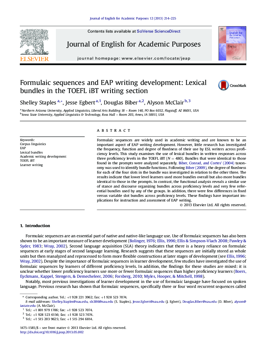 Formulaic sequences and EAP writing development: Lexical bundles in the TOEFL iBT writing section