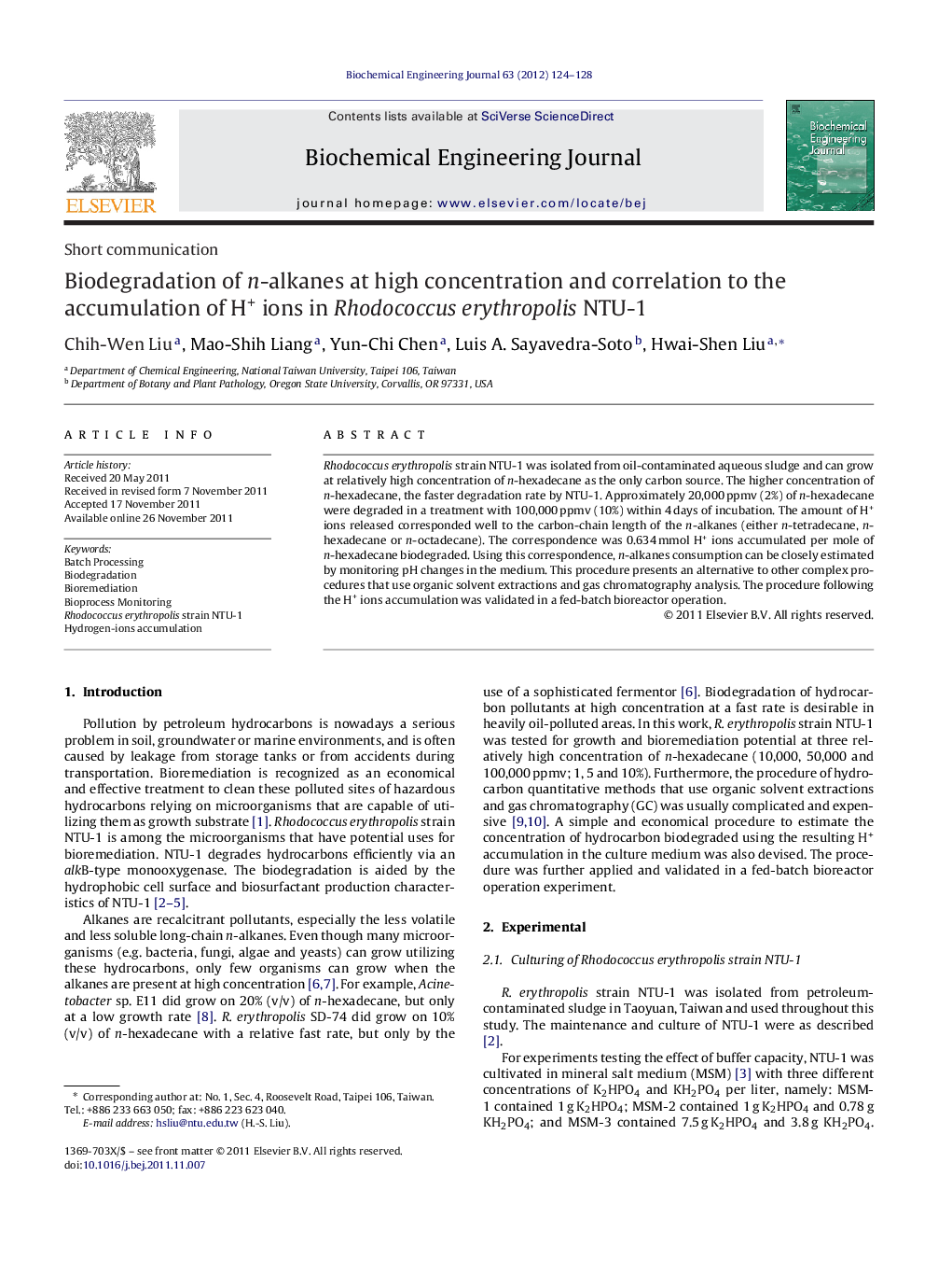 Biodegradation of n-alkanes at high concentration and correlation to the accumulation of H+ ions in Rhodococcus erythropolis NTU-1