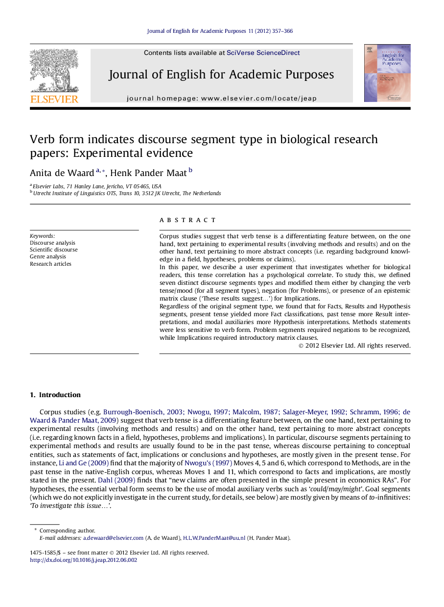 Verb form indicates discourse segment type in biological research papers: Experimental evidence