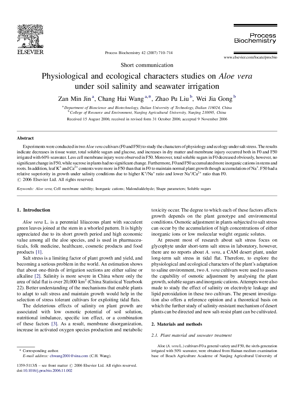 Physiological and ecological characters studies on Aloe vera under soil salinity and seawater irrigation