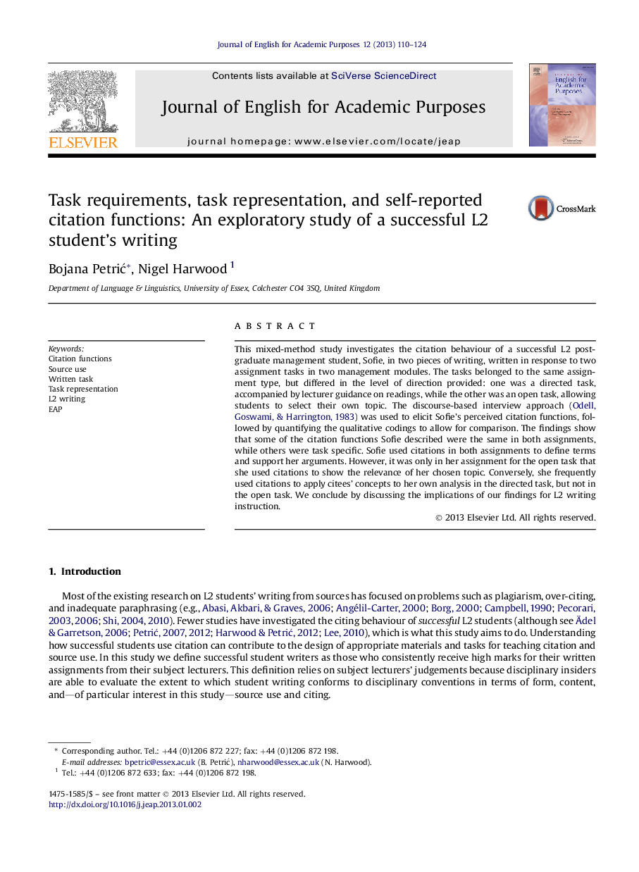 Task requirements, task representation, and self-reported citation functions: An exploratory study of a successful L2 student's writing