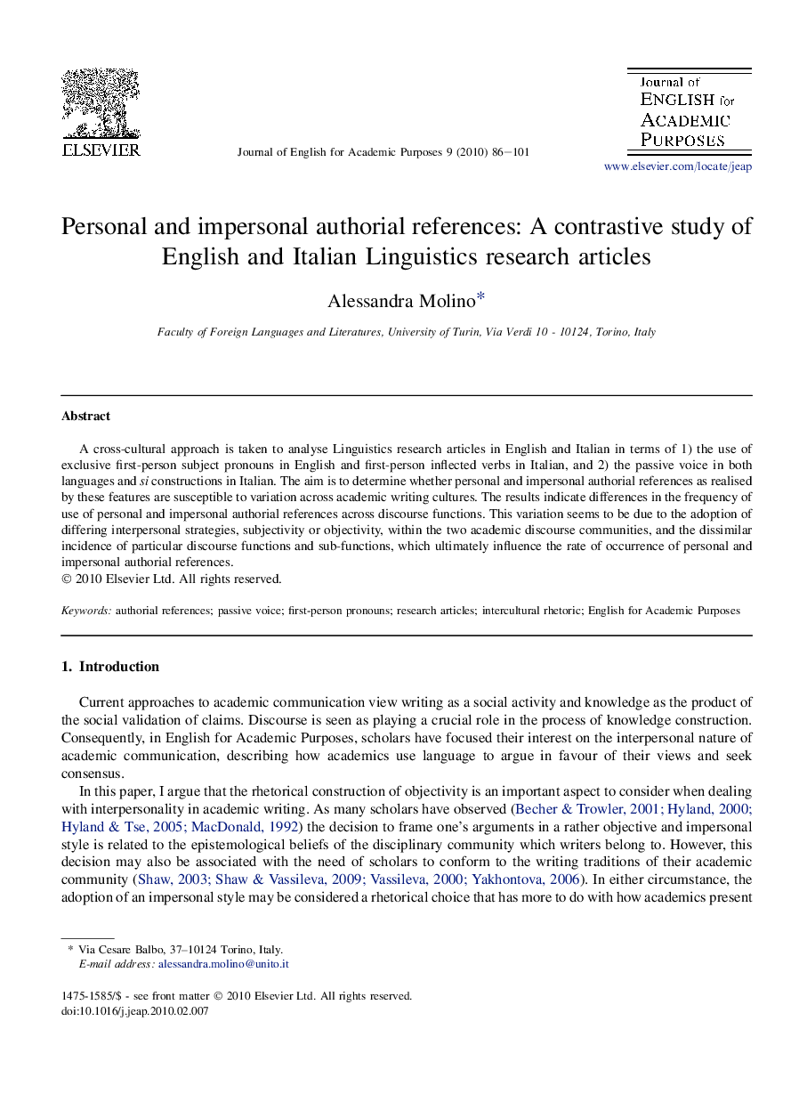 Personal and impersonal authorial references: A contrastive study of English and Italian Linguistics research articles