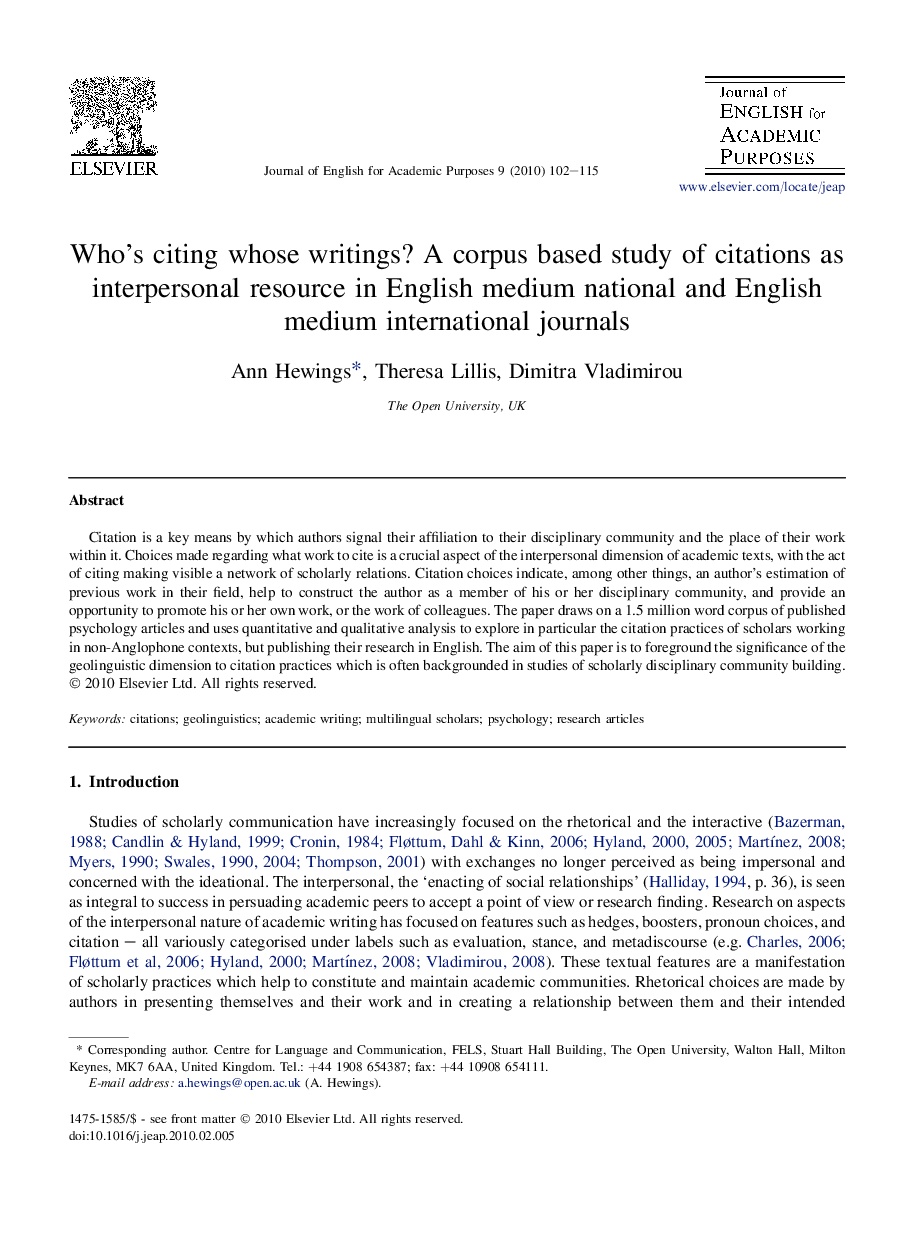 Who's citing whose writings? A corpus based study of citations as interpersonal resource in English medium national and English medium international journals