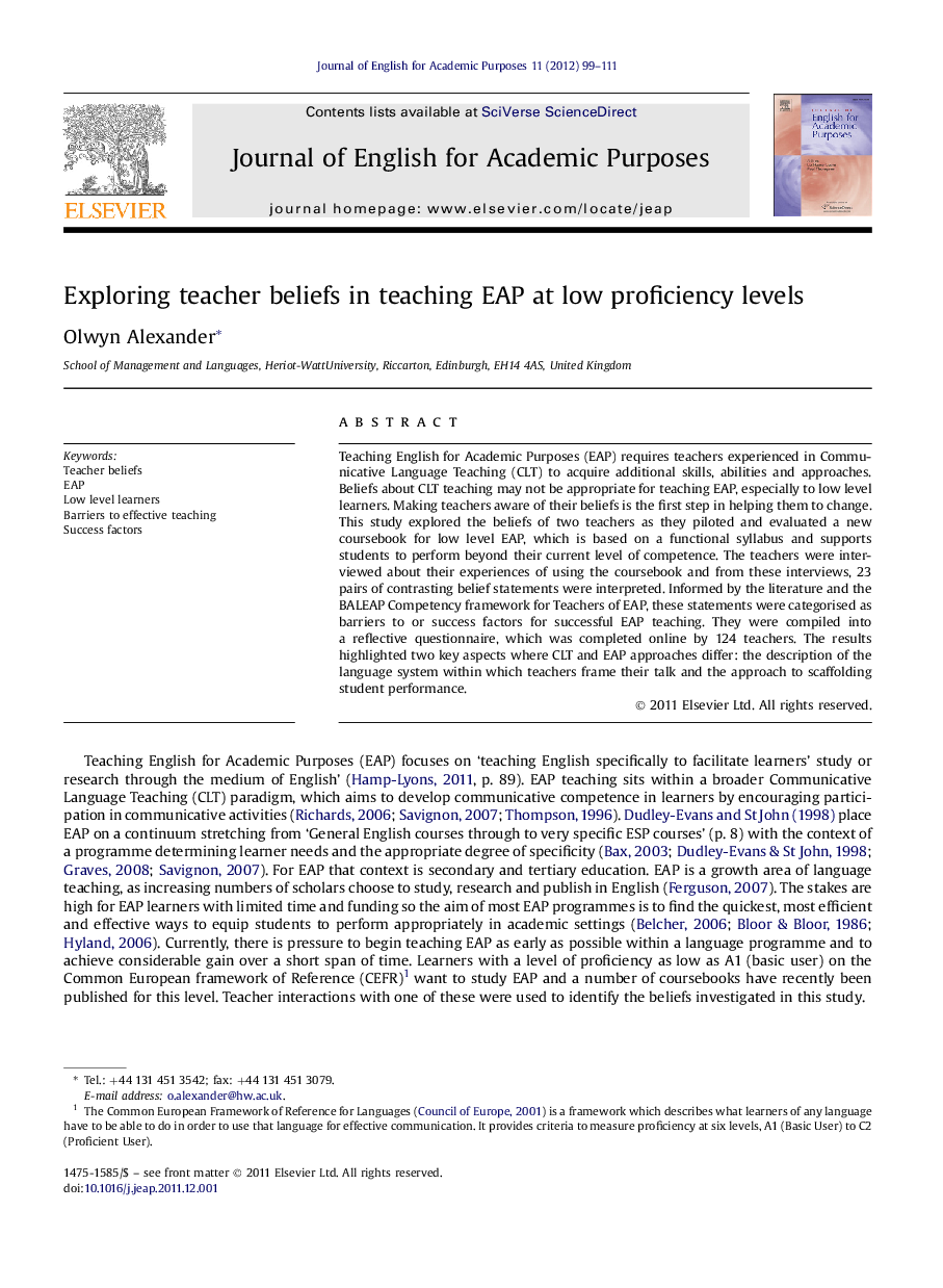 Exploring teacher beliefs in teaching EAP at low proficiency levels