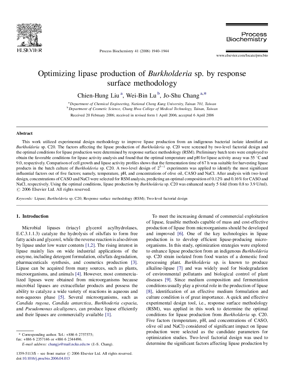 Optimizing lipase production of Burkholderia sp. by response surface methodology