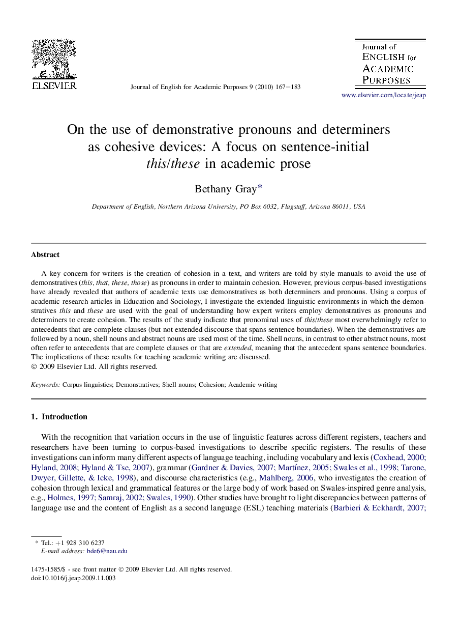 On the use of demonstrative pronouns and determiners as cohesive devices: A focus on sentence-initial this/these in academic prose