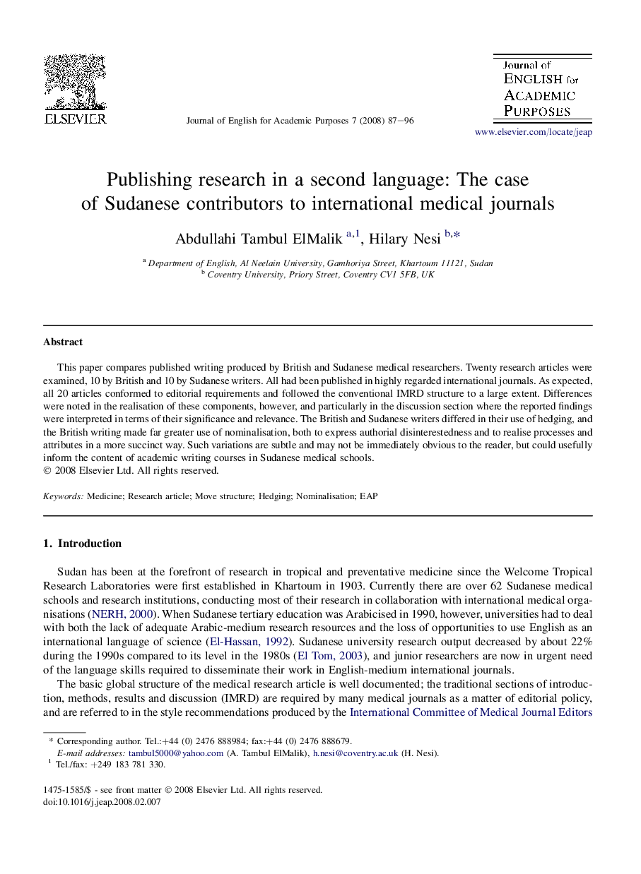 Publishing research in a second language: The case of Sudanese contributors to international medical journals