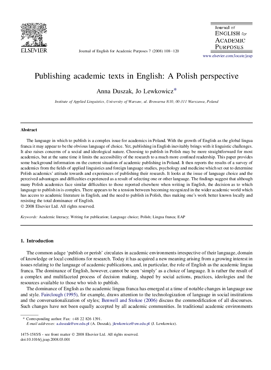 Publishing academic texts in English: A Polish perspective
