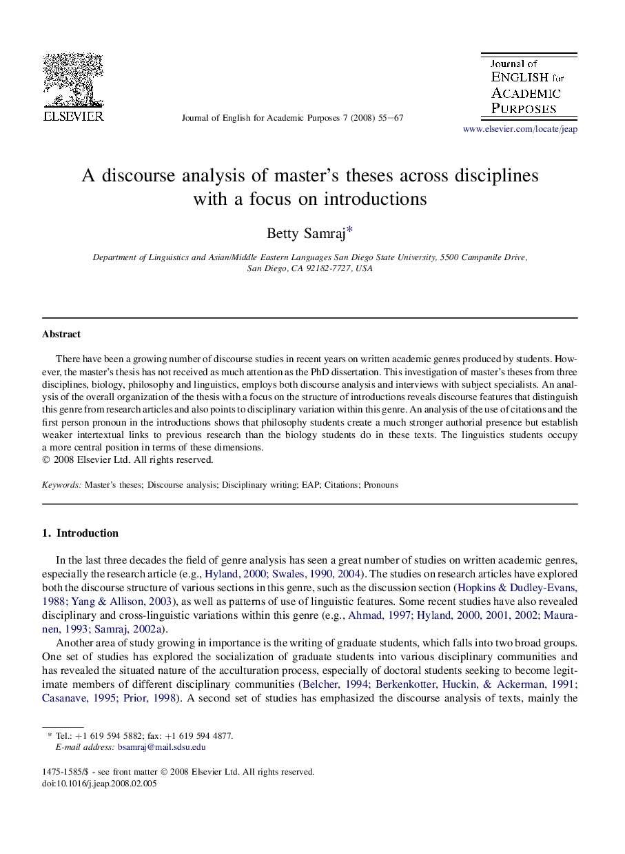 A discourse analysis of master's theses across disciplines with a focus on introductions