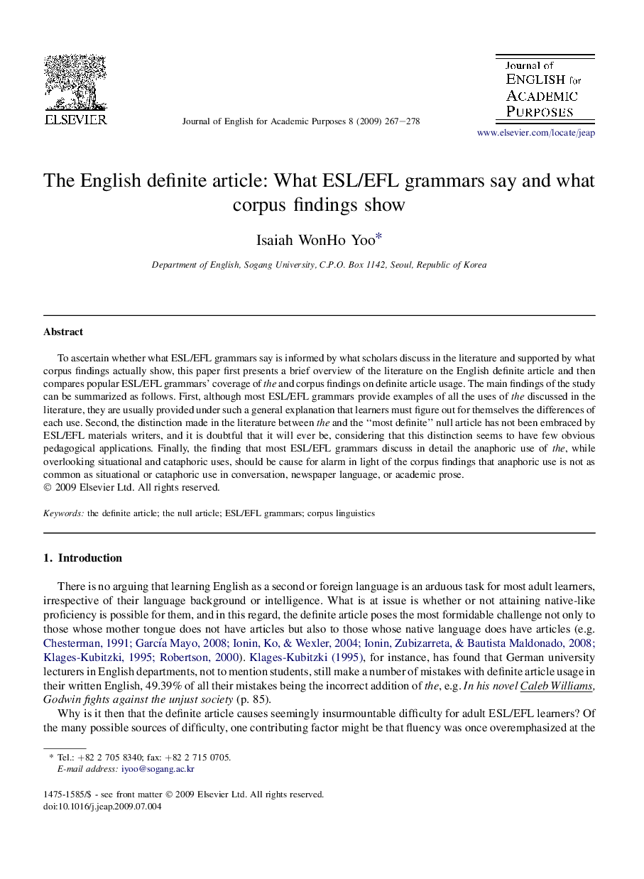 The English definite article: What ESL/EFL grammars say and what corpus findings show