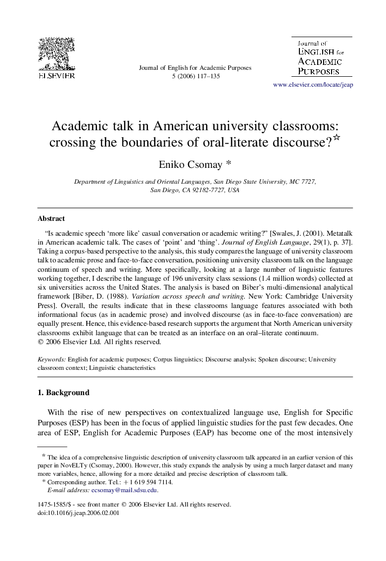 Academic talk in American university classrooms: crossing the boundaries of oral‐literate discourse? 