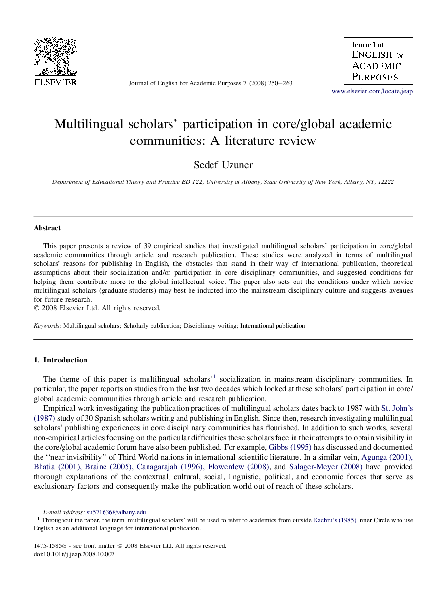 Multilingual scholars’ participation in core/global academic communities: A literature review