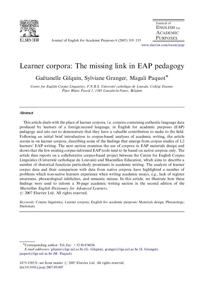 Learner corpora: The missing link in EAP pedagogy