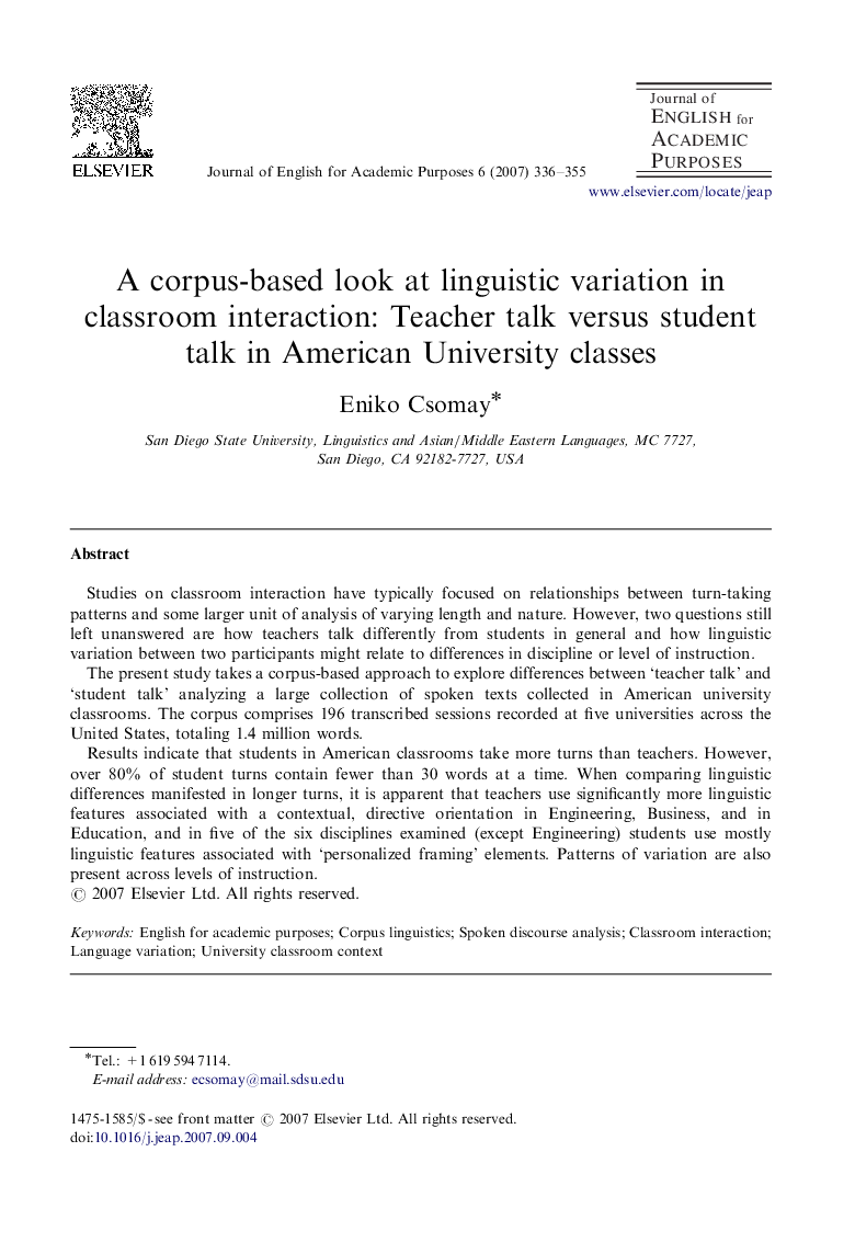 A corpus-based look at linguistic variation in classroom interaction: Teacher talk versus student talk in American University classes